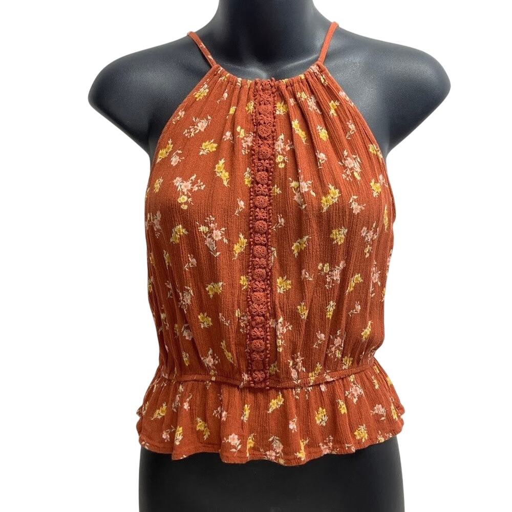 Hippie Rose Floral Crochet Peplum Halter Top Size M